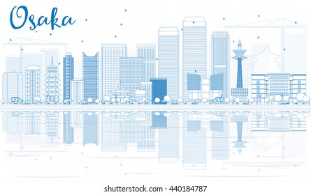 Outline Osaka Skyline with Blue Buildings and Reflections. Vector Illustration. Business and Tourism Concept with Modern Buildings. Image for Presentation, Banner, Placard or Web Site.
