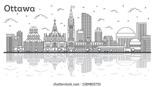 Outline Ottawa Canada City Skyline with Modern Buildings and Reflections Isolated on White. Vector Illustration. Ottawa Cityscape with Landmarks. 