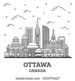 Outline Ottawa Canada City Skyline with Modern Buildings Isolated on White. Vector Illustration. Ottawa Cityscape with Landmarks. 