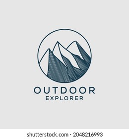 Outline outdoor explorer logo design, mountain Vector graphic illustrations with line art style