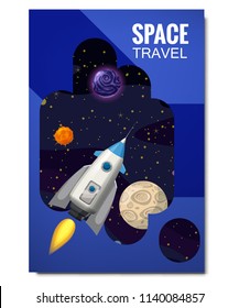 Outline outer space rocket space travel, exploration of the universe, other planets, flying rockets, stars of distant galaxies, template of flyear, magazines, posters, book cover, banners. Vector