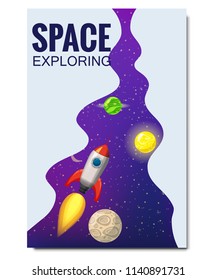 Outline outer space rocket space travel, exploration of the universe, other planets, flying rockets, stars of distant galaxies, template of flyear, magazines, posters, book cover, banners. Vector