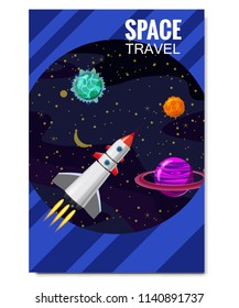 Outline outer space rocket space travel, exploration of the universe, other planets, flying rockets, stars of distant galaxies, template of flyear, magazines, posters, book cover, banners. Vector