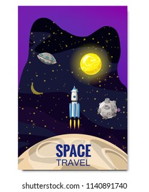 Outline outer space rocket space travel, exploration of the universe, other planets, flying rockets, stars of distant galaxies, template of flyear, magazines, posters, book cover, banners. Vector