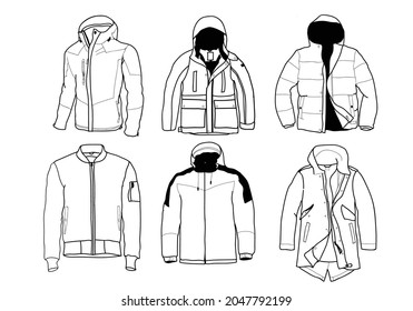 Outline outwear techical images illustrations winter autumn coats different styles. 