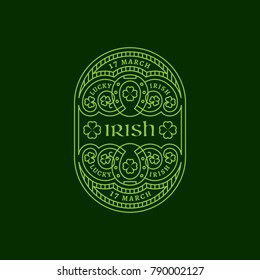 Outline oval badge with horseshoes, shamrock leaves, floral ornament. Vector illustration.