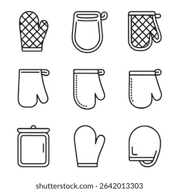 Outline Oven Mitt Icon Set. Set of Black Line Art Oven Mitts and Pot Lid
