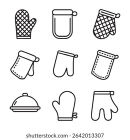 Outline Oven Mitt Icon Set. Set of Black Line Art Oven Mitts and Pot Lid

