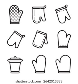 Outline Oven Mitt Icon Set. Set of Black Line Art Oven Mitts and Pot Lid
