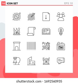 Outline Pack of 16 Universal Symbols of document; gras; download; crown; teachers Editable Vector Design Elements