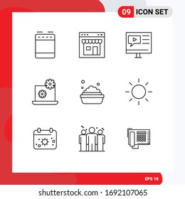 Outline Pack of 9 Universal Symbols of bowl; gear; shop; laptop; tutorial Editable Vector Design Elements