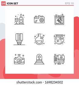 Outline Pack of 9 Universal Symbols of tube; laboratory; internet; light; lamp Editable Vector Design Elements
