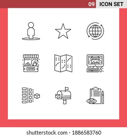 Umriss-Paket mit 9 universellen Navigationssymbolen; Laden; Internet; Zähler; Café Editable Vectordesign Elements