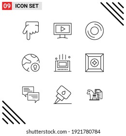 Outline Pack of 9 Universal Symbols of mat; protection; disc; padlock; internet Editable Vector Design Elements