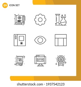 Outline Pack of 9 Universal Symbols of eye; refrigerator; romantic; fridge; science Editable Vector Design Elements
