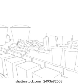 Outline of packages with popcorn, glasses with soda, cinema glasses from black lines isolated on a white background. Vector illustration.