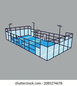 outline Padel court illustration and blue floor in gray background 