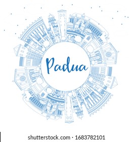 Outline Padua Italy City Skyline with Blue Buildings and Copy Space. Vector Illustration. Business Travel and Concept with Historic Architecture. Padua Cityscape with Landmarks.