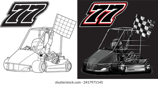 Outline and painted Go-kart racing. Isolated in black background, for t-shirt design, print and for business purposes.