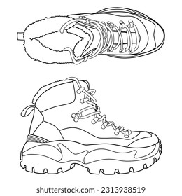 Outline pair winter man boots. Safety boots. Personal protective equipment or winter classic men boots. Top and side view. Outline vector doodle illustration.