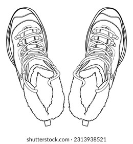Outline pair winter man boots. Safety boots. Personal protective equipment or winter classic men boots. Top and side view. Outline vector doodle illustration.