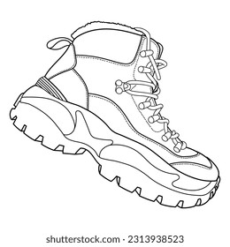 Outline pair winter man boots. Safety boots. Personal protective equipment or winter classic men boots. Top and side view. Outline vector doodle illustration.