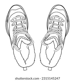 Outline pair winter man boots. Safety boots. Personal protective equipment or winter classic men boots. Top view. Outline vector doodle illustration.