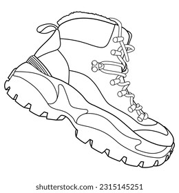 Outline pair winter man boots. Safety boots. Personal protective equipment or winter classic men boots. Top view. Outline vector doodle illustration.