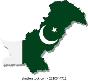 An Outline Of Pakistan Map, A Country In South Asia With Pattern Of Its Flag In White And Green And A White Crescent Moon And Five Pointed Star At Its Center, Representing Progress And Knowledge.