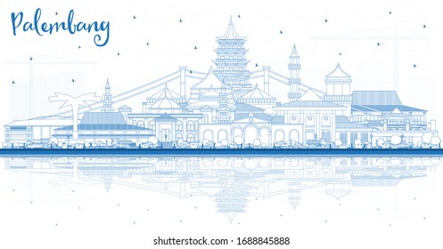 Outline Palembang Indonesia City Skyline with Blue Buildings and Reflections. Vector Illustration. Business Travel and Tourism Concept with Historic Architecture. Palembang Cityscape with Landmarks.