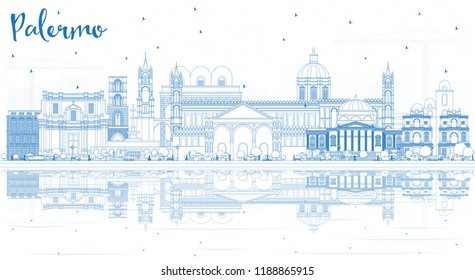 Outline Palermo Italy City Skyline with Blue Buildings and Reflections. Vector Illustration. Business Travel and Tourism Concept with Historic Architecture. Palermo Sicily Cityscape with Landmarks.