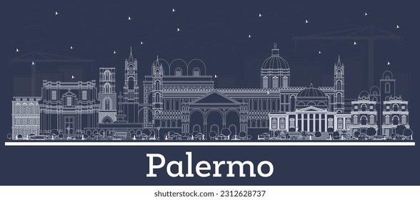 Esbozar el Skyline de la ciudad de Palermo Italia con edificios blancos. Ilustración vectorial. Concepto de viajes de negocios y turismo con arquitectura histórica. Paisaje de Palermo Sicilia con monumentos.