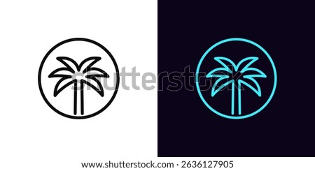 Outline palm tree icon, round logo with editable stroke. Coconut palm tree inside circle, tropical oasis icon. Exotic palm island, tropical paradise, summer holiday and vacation, resort. Vector icon