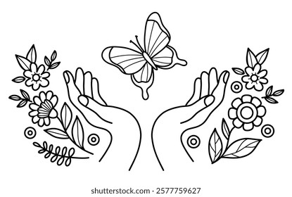 Outline Palms hands with flowers and leaves release Butterfly. Line hand drawing, coloring page. Vector illustration.