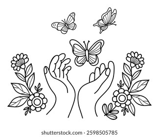 Outline Palms hands with flowers and leaves release butterflies. Butterfly symbolizing freedom, transformation and nature and beauty of environment. Line hand-drawn, coloring book. Vector illustration