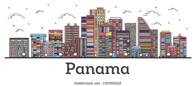 Contorno el horizonte de la ciudad de Panamá con edificios de color aislados en blanco. Ilustración vectorial. Paisaje urbano de Panamá con monumentos.