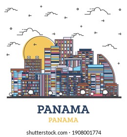 Outline Panama City Skyline with Color Buildings Isolated on White. Vector Illustration. Panama Cityscape with Landmarks.