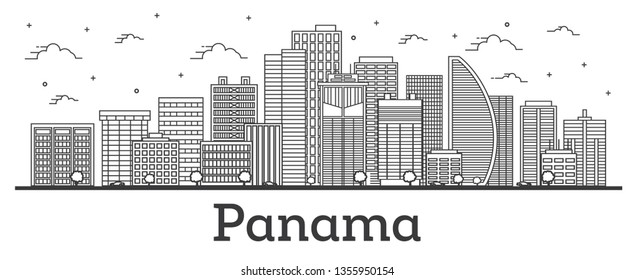 Outline Panama City Skyline with Modern Buildings Isolated on White. Vector Illustration. Panama Cityscape with Landmarks.