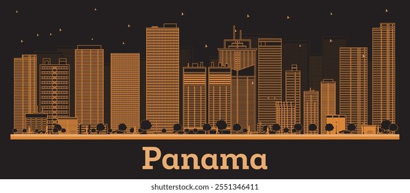 Outline Panama City Skyline with orange buildings. Vector Illustration. Business Travel and Concept with Modern Architecture. Panama Cityscape with Landmarks.