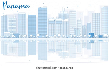 Outline Panama skyline with blue buildings and reflections. Vector illustration. Business travel and tourism concept with place for text. Image for presentation, banner, placard and web site.