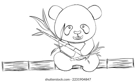 Outline of panda bear cub sits on bamboo trunk with bamboo branches with leaves in its paws, isolated on white background. Clipart, vector design element.