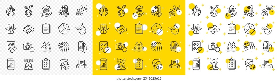 Esquema de la vacuna pandémica, trabajo en equipo de los empleados y Recibir iconos de línea de archivo para la web con el icono de Save planet, Yoga, Checklist. Dice, teléfono Graph, icono del pictograma de realidad aumentada. Vector