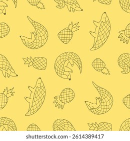 Outline Pangolin Animal Pineapple Pattern Vector Illustration Seamless for Background Wallpaper Packaging