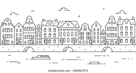 Outline Panorama Of European City With Historical Buildings. Europe, Holland, River, Sea Channel, Canal, Bridge, Boat, Embankment, Multicolored Street. Coloring Page. Vector Illustration In Flat Style