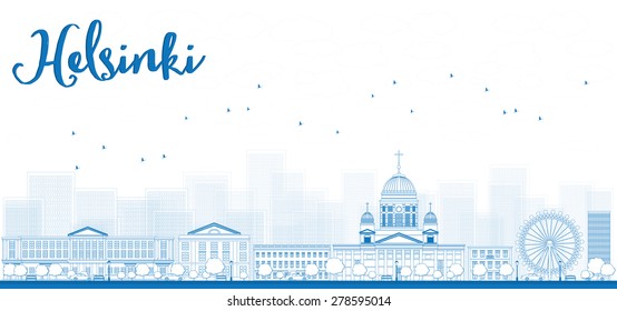Outline Panorama of Old Town in Helsinki, Finland. Vector Illustration. Business travel and tourism concept with historic buildings. Image for presentation, banner, placard and web site.