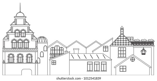 Outline panoramic view of houses. Vector contour of old town cityscape.