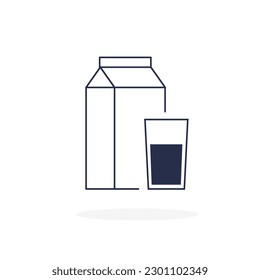 Outline paper packaging with glass of juice or milk. Black logo template. Line drawing. Healthy natural food. Vector illustration isolated.