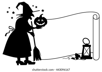 Outline paper scroll and silhouette of a witch with halloween pumpkin. Vector clip art.