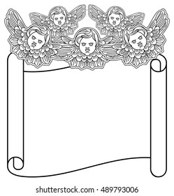 Outline paper swirl with cherubs. Vector clip art.