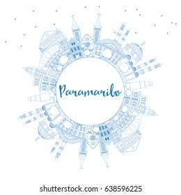 Outline Paramaribo Skyline with Blue Buildings and Copy Space. Vector Illustration. Business Travel and Tourism Concept with Modern Architecture. Image for Presentation Banner Placard and Web Site.